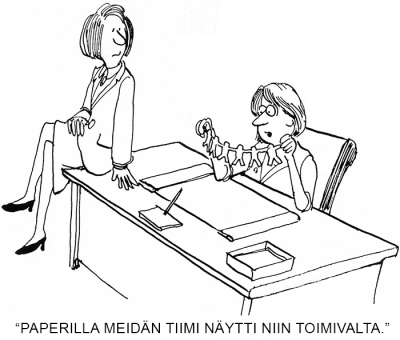 Paperilla tiimi näytti toimivalta. Naiset leikkivät paperinukkerivistöllä toimiston pöydän ääressä ja pohtivat, että paperilla tiimi näytti toimivalta.